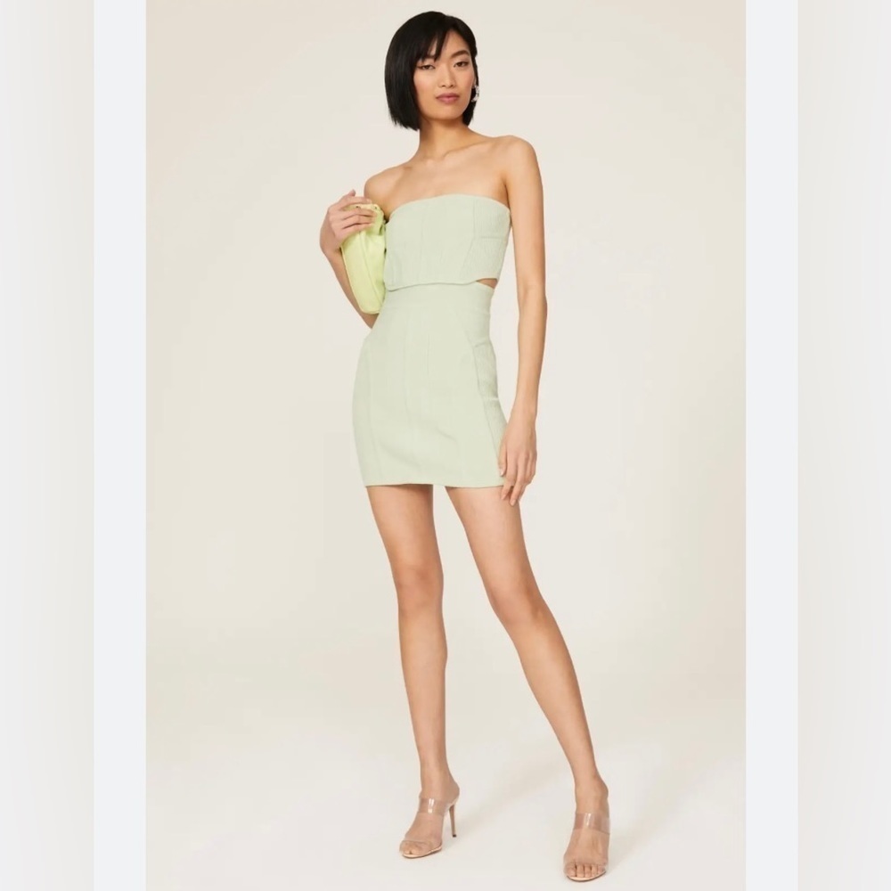 Herve Leger Mint Green Strapless ribbed organic cotton-blend mini dress